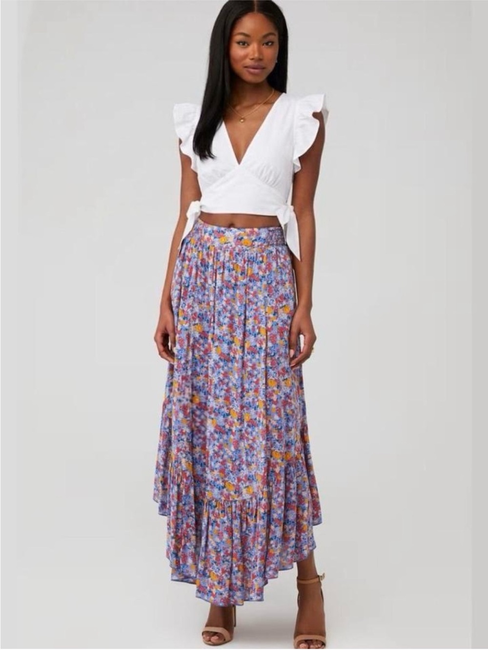 Free People Pretty Daze Floral Ruffle Maxi Skirt Sky Combo SP